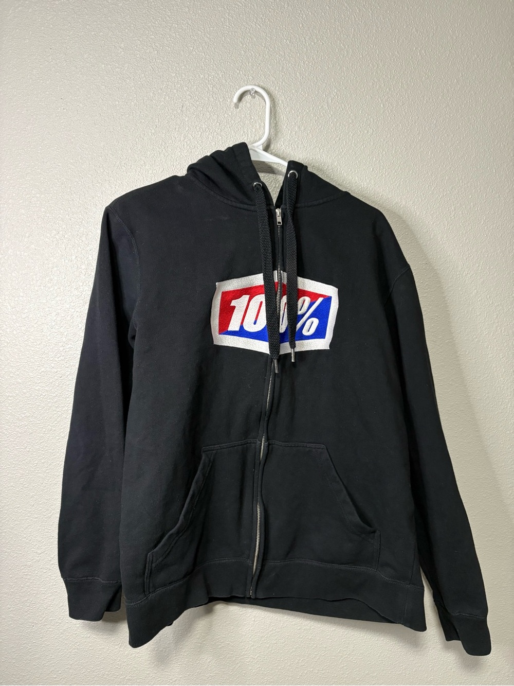 100% Official Black Zip Up Hoodie Moto Fleece Full Zip Logo Sweatshirt Sz L